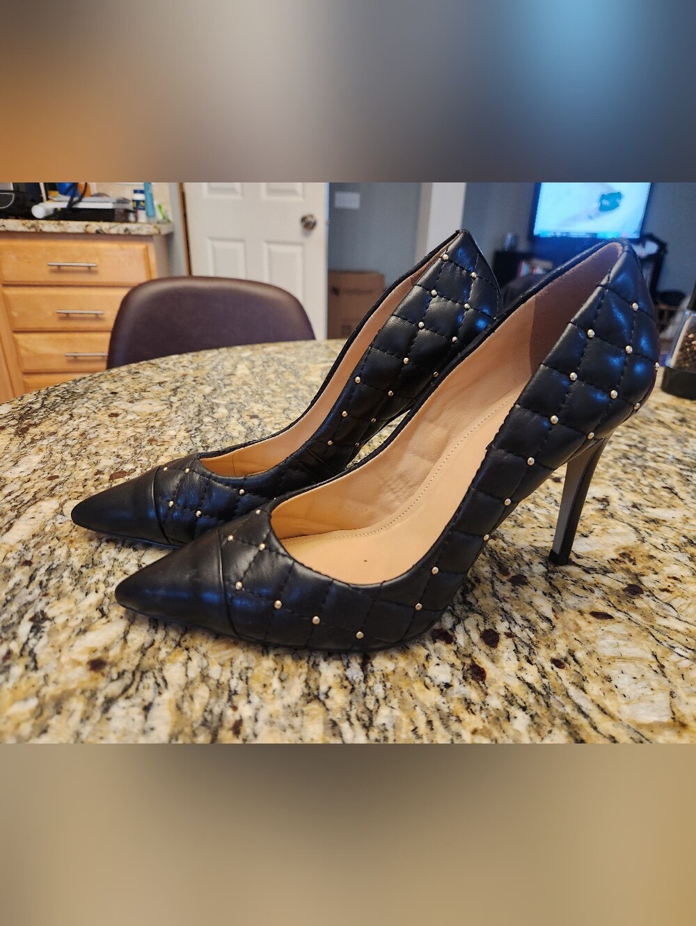 Ava & Aiden Black Quilted Pointed-Toe Stiletto Pumps with Studs,  Size 7.5 M